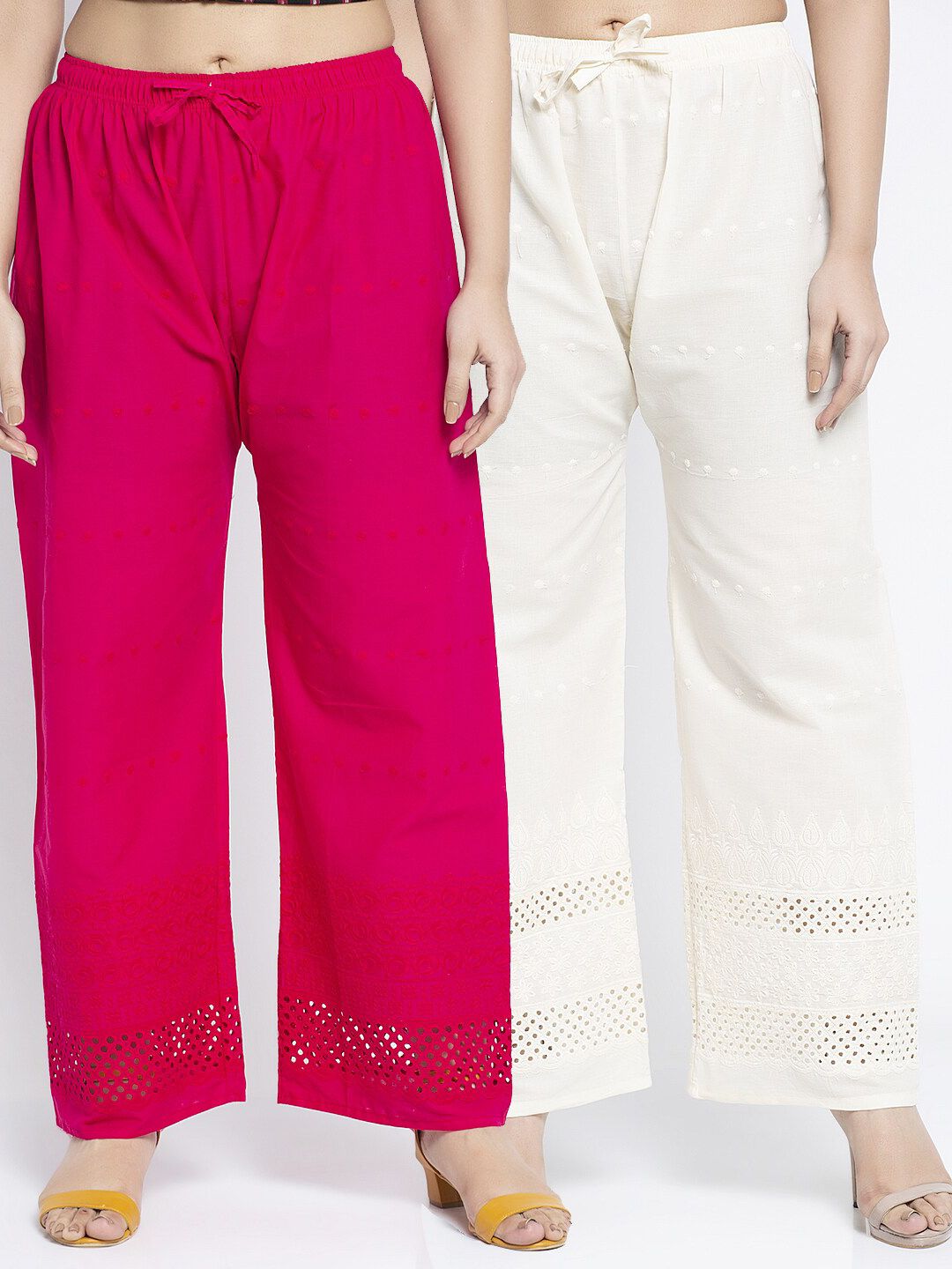 Jinfo Women Pack of 2 Pink & Off White Embroidered Flared Palazzos Price in India