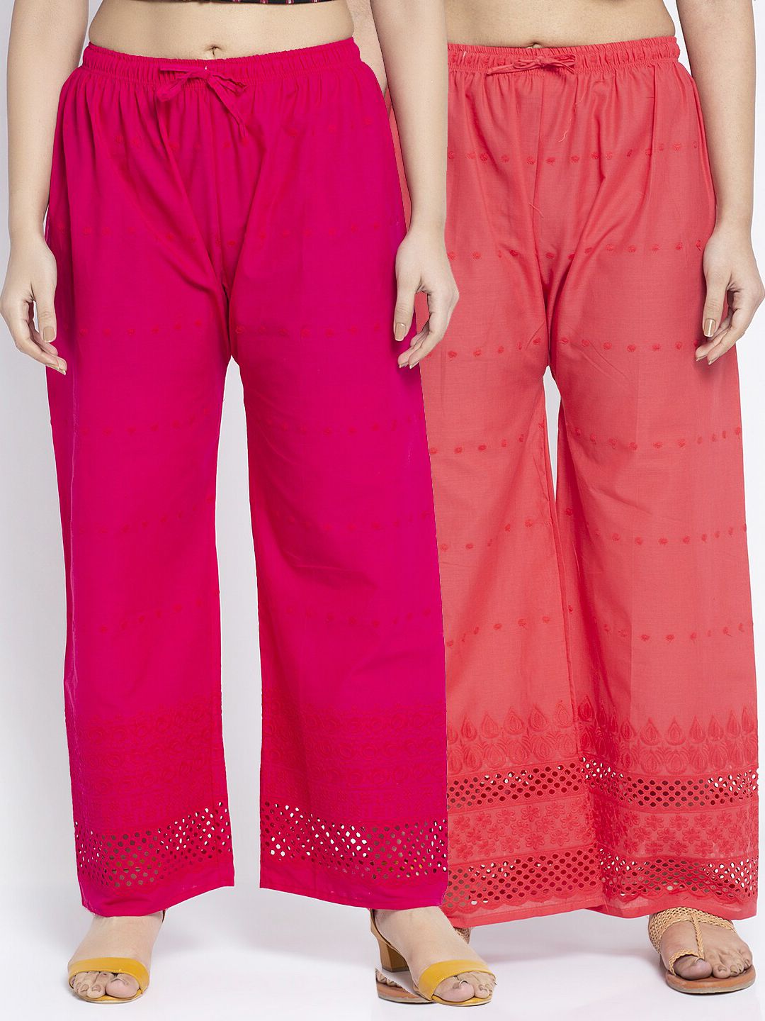 Jinfo Women Pink & Peach-Coloured Pack of 2 Embroidered Flared Ethnic Palazzos Price in India