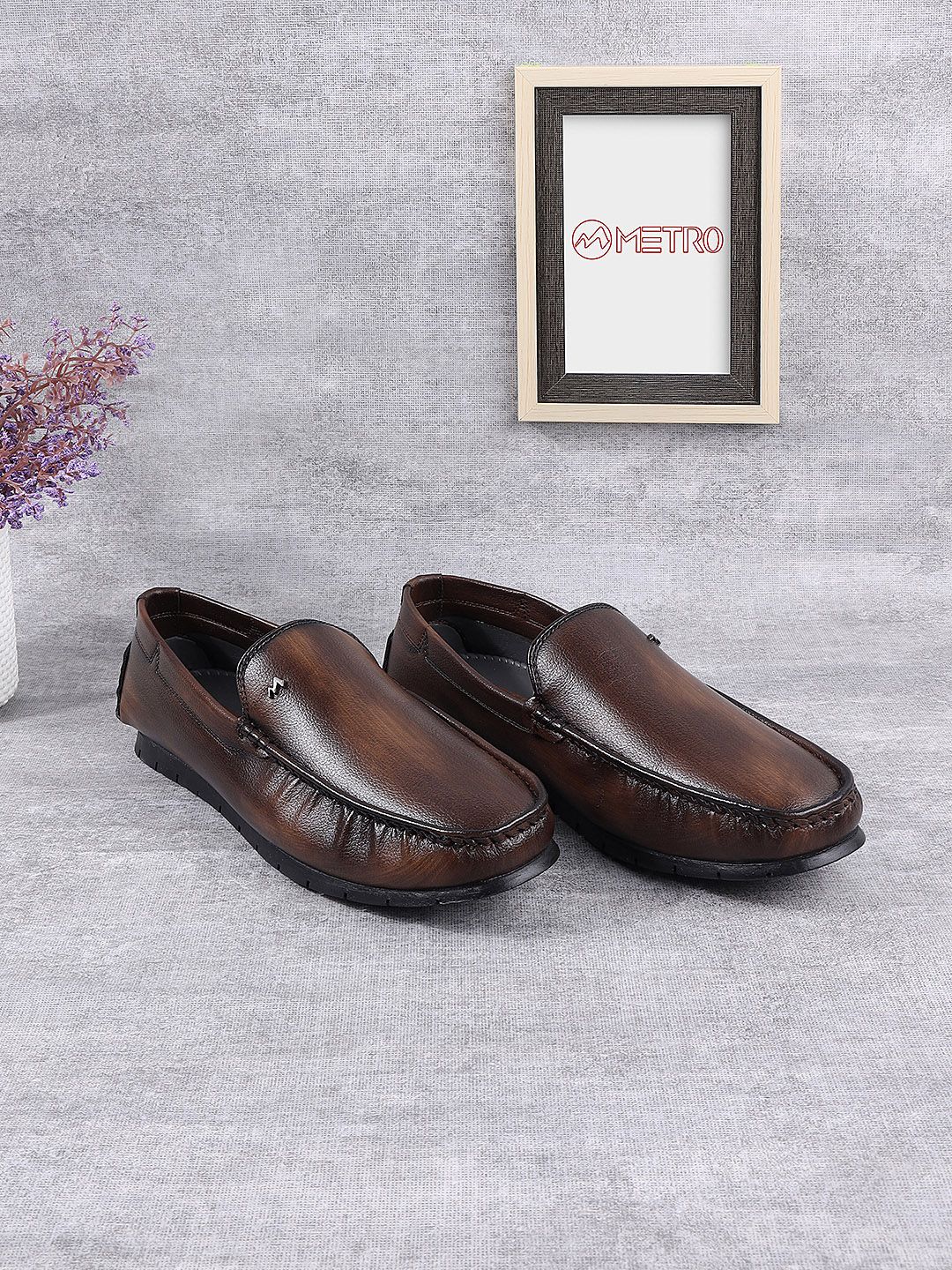 Metro Men Brown Textured Leather Slip-On Loafers