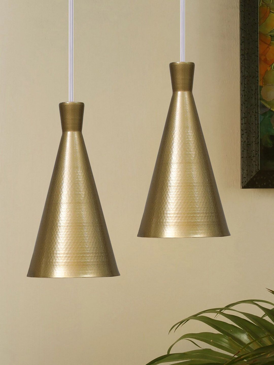 Homesake Set of 2 Gold-Toned Metal Cone Shade Pendant Ceiling Light Price in India