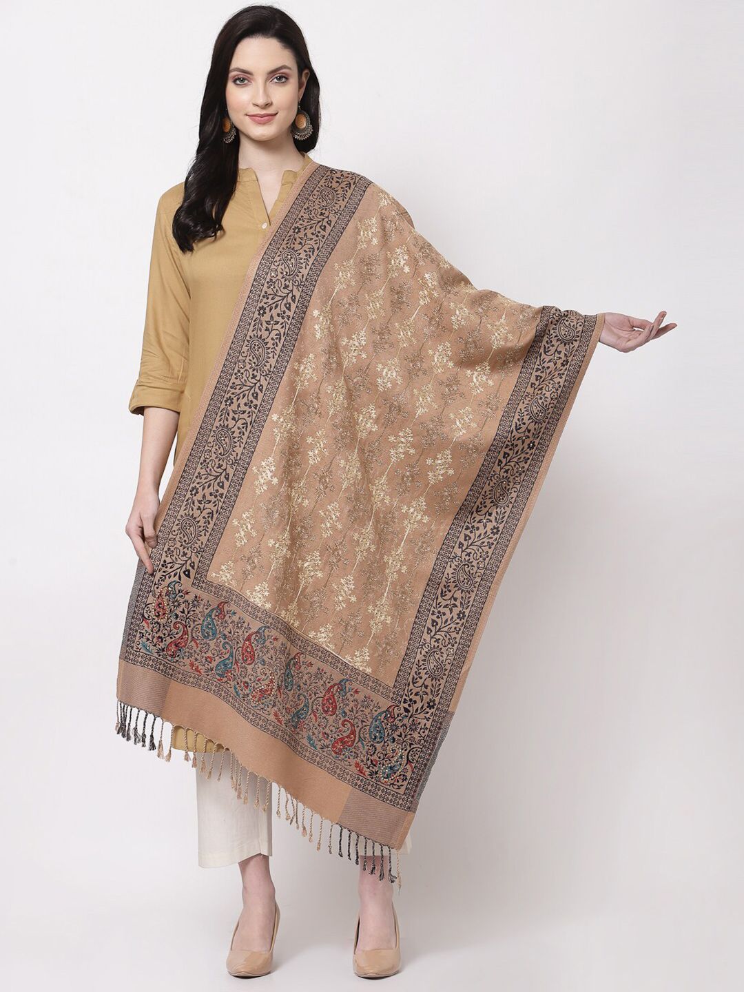 KLOTTHE Women Beige & Black Embroidered Woolen Stole Price in India