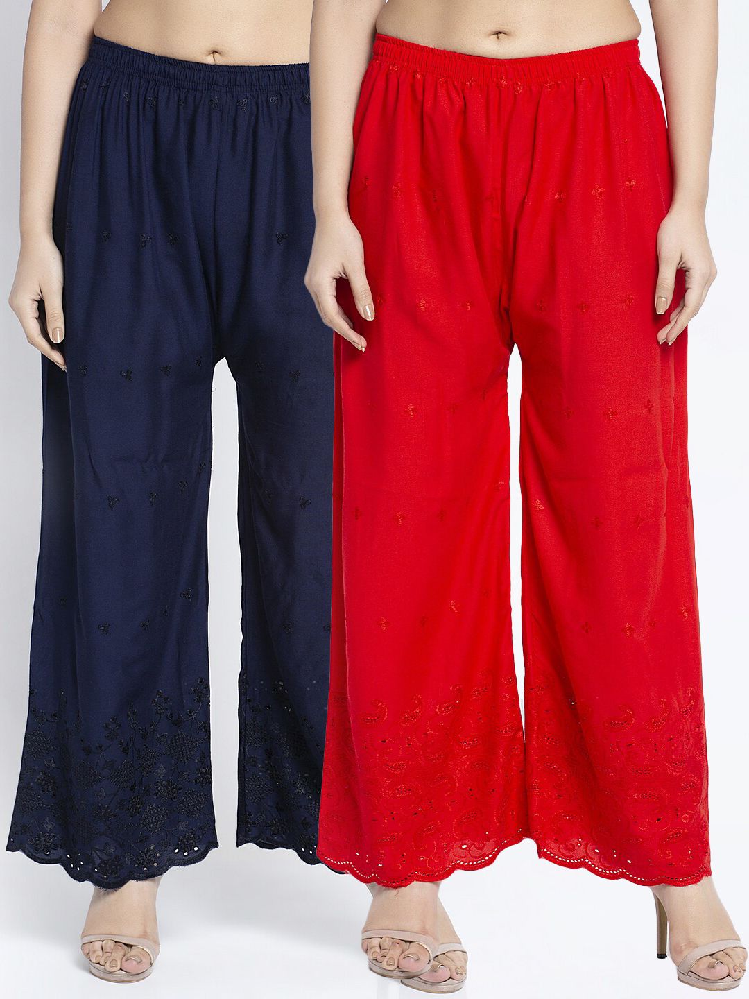 Jinfo Women Red & Navy Blue Pack of 2 Embroidered Flared Knitted Ethnic Palazzos Price in India