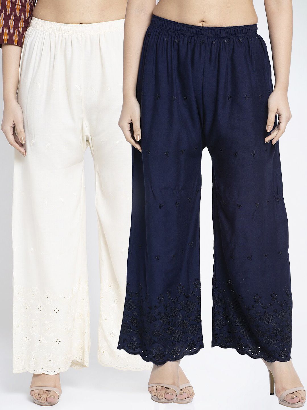 Jinfo Women Navy Blue & Off White Set Of 2 Ethnic Motifs Embroidered Flared Palazzos Price in India