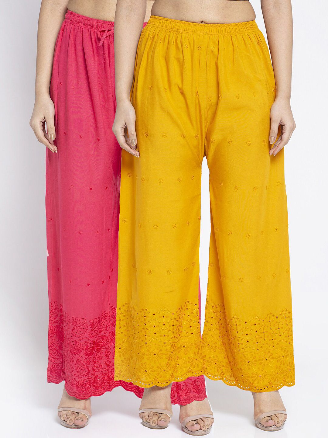 Jinfo Women Pack of 2 Pink & Yellow Embroidered Flared Palazzos Price in India