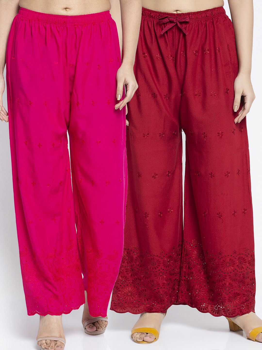 Jinfo Women Fuchsia & Maroon Set of 2 Floral Embroidered Flared Knitted Ethnic Palazzos Price in India