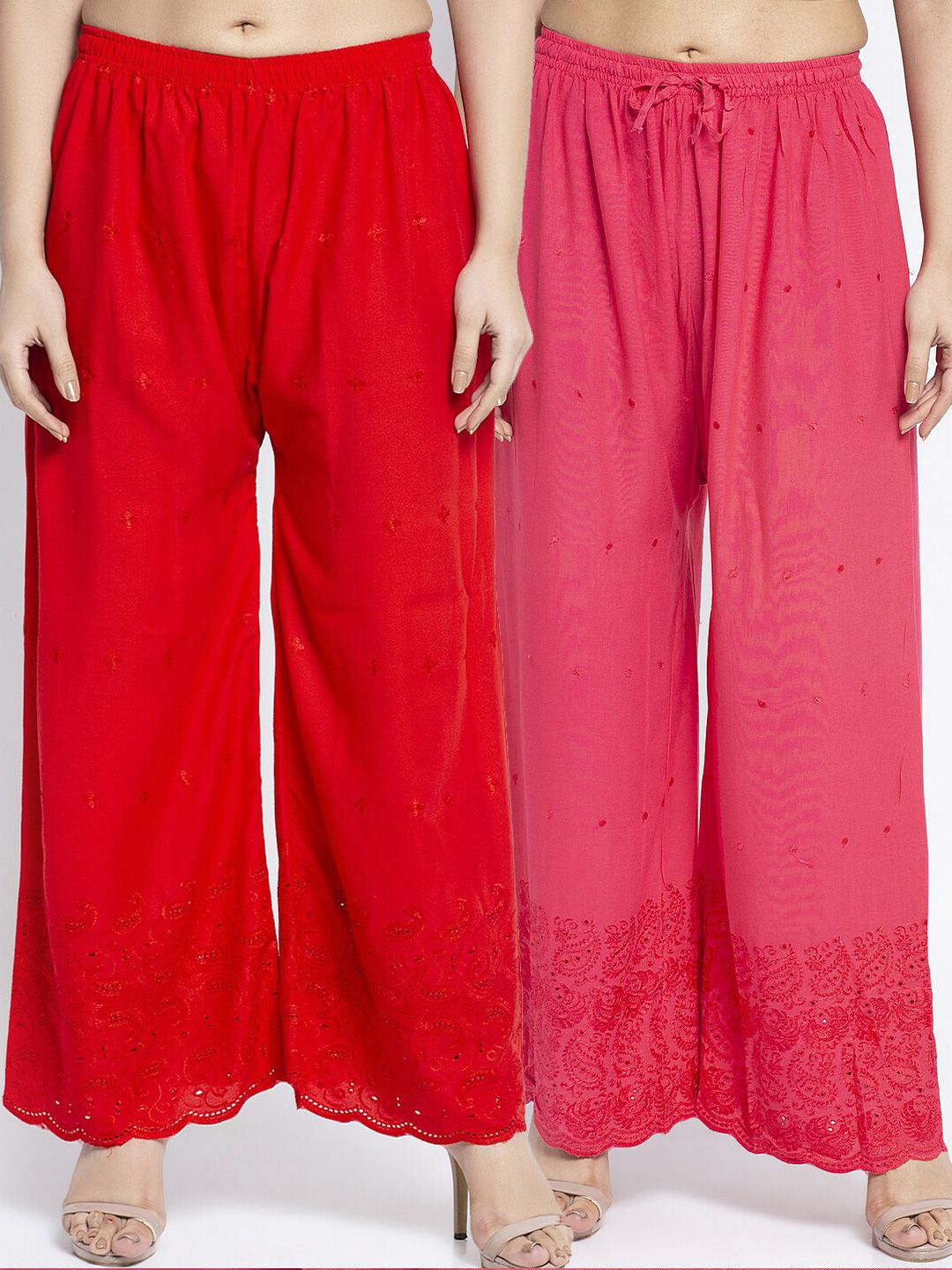 Jinfo Women Red & Pink Pack of 2 Ethnic Motifs Embroidered Flared Ethnic Palazzos Price in India