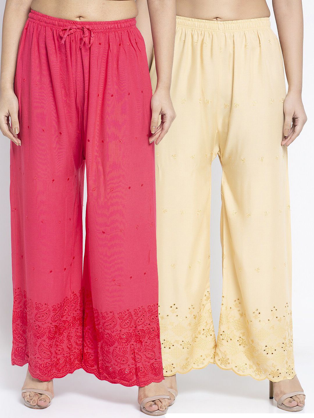 Jinfo Women Coral & Beige Set Of 2 Ethnic Motifs Embroidered Flared Ethnic Palazzos Price in India