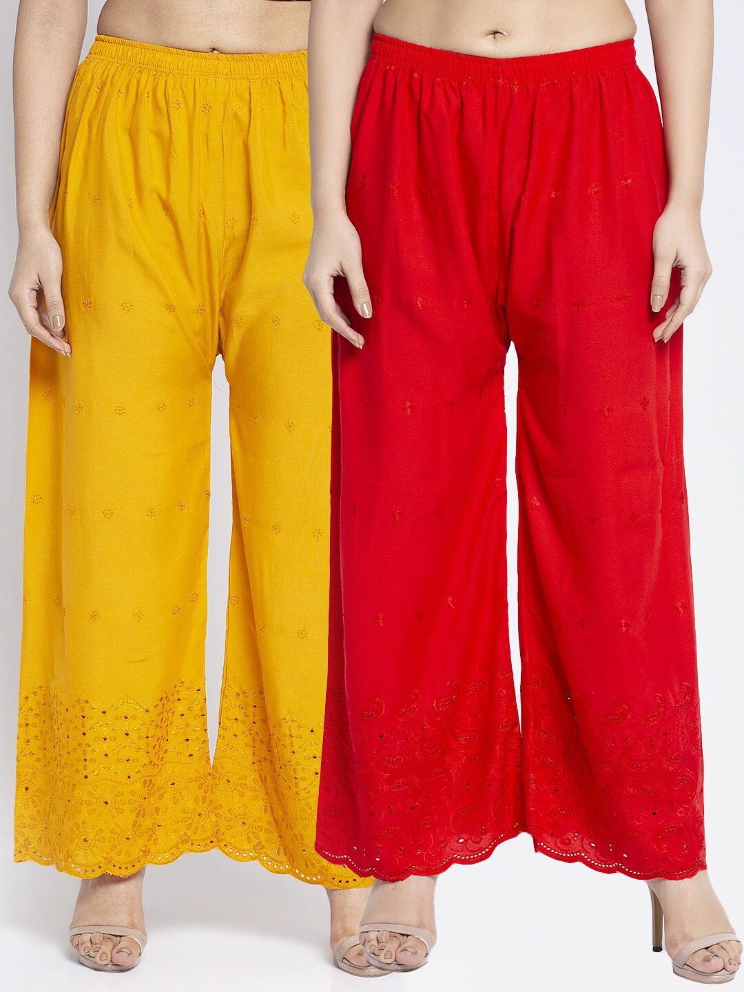 Jinfo Women Red & Gold-Toned Set of 2 Floral Embroidered Flared Knitted Ethnic Palazzos Price in India