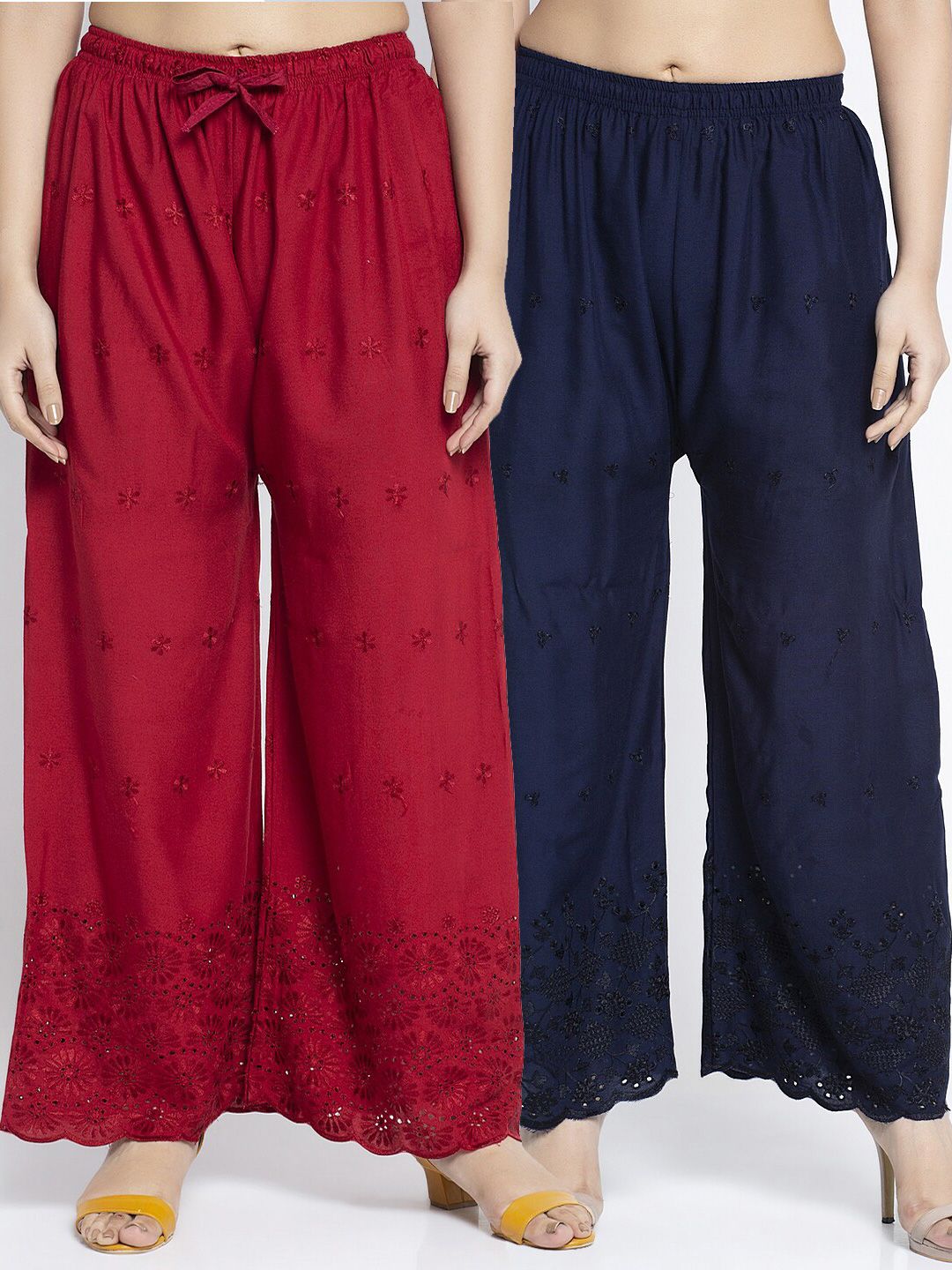 Jinfo Women Maroon & Navy Blue Pack of 2 Floral Chickankari Embroidered Palazzos Price in India