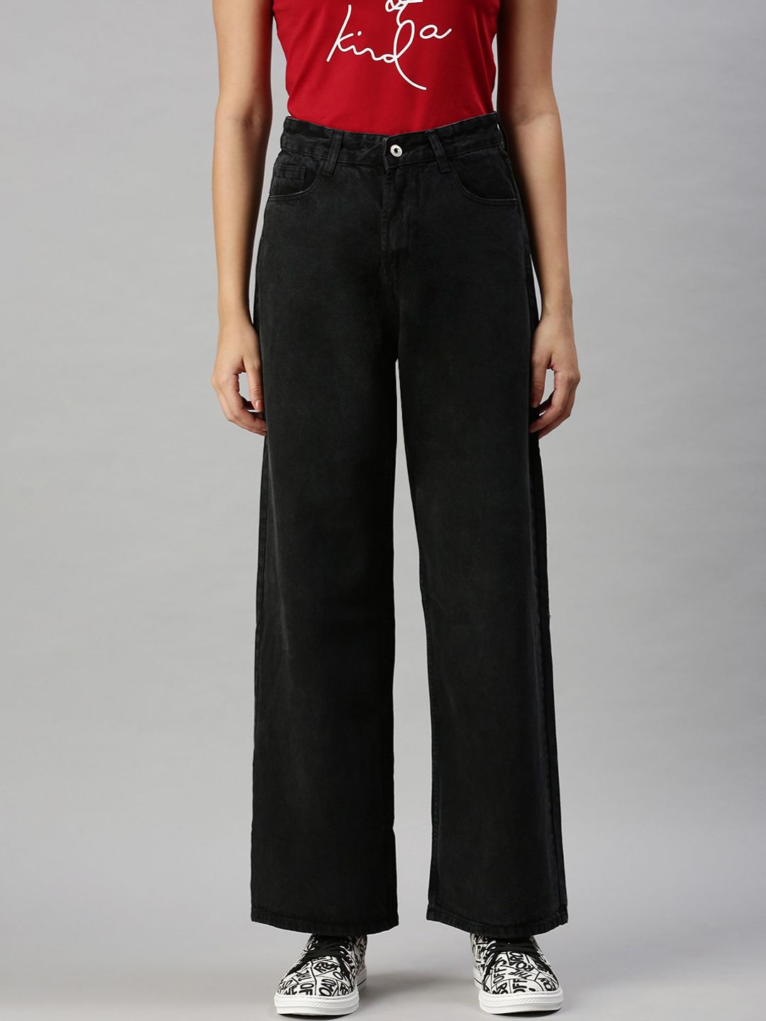 SHOWOFF Women Black Wide Leg High-Rise Clean Look Jeans Price in India