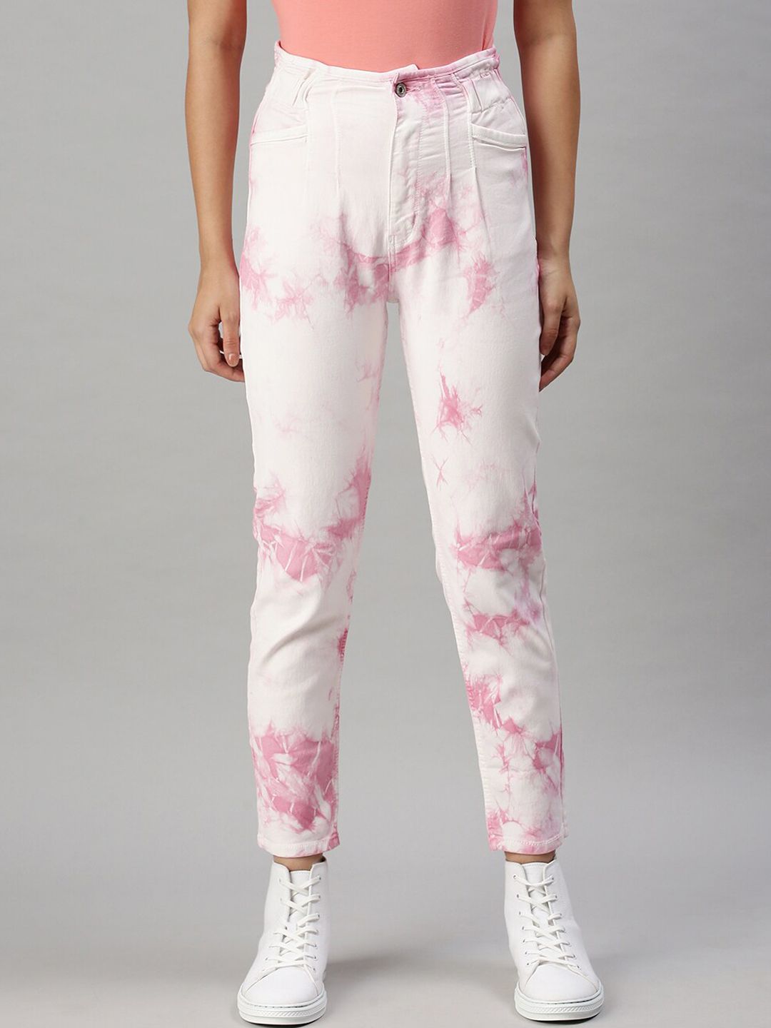 SHOWOFF Women Pink & White High-Rise Clean Look Elasticated Stretchable Jeans Price in India