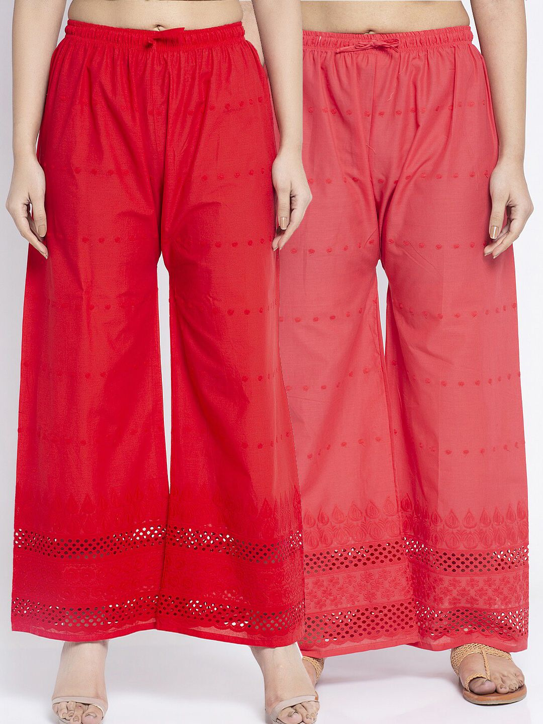 Jinfo Women Red & Pink Pack of 2 Ethnic Motifs Embroidered Flared Ethnic Palazzos Price in India