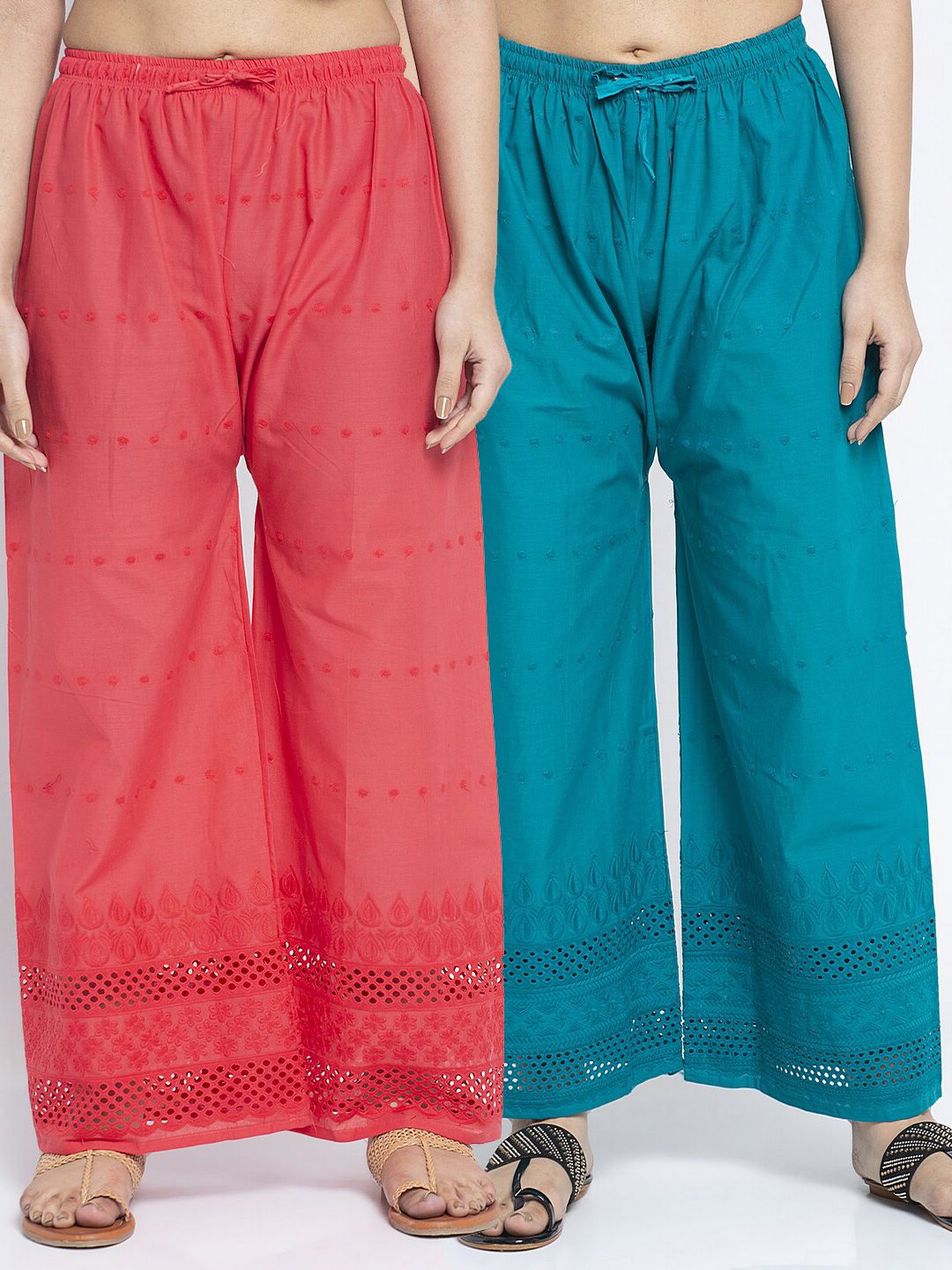 Jinfo Women Pink & Turquoise Blue Pack of 2 Embroidered Flared Ethnic Palazzos Price in India