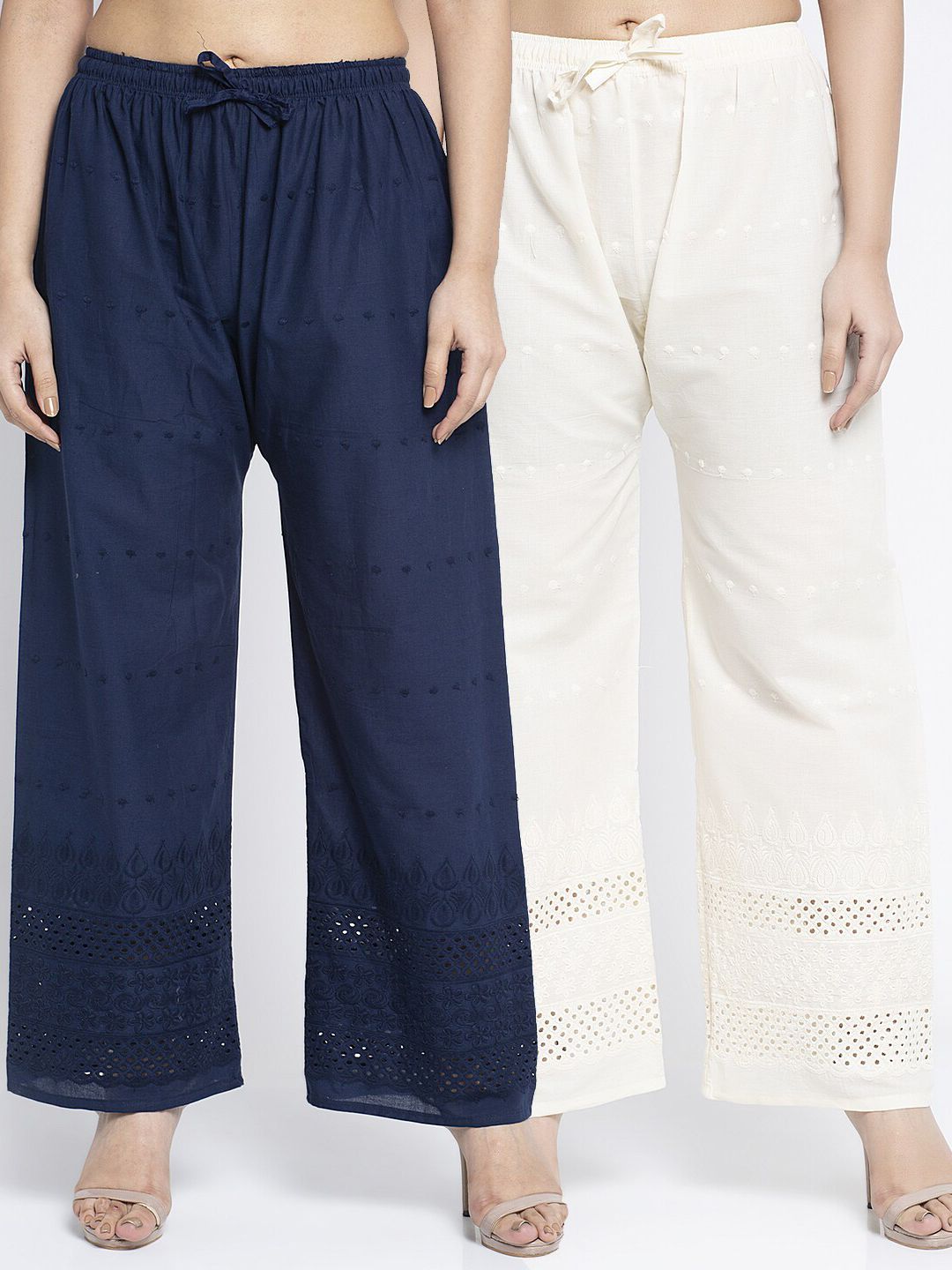 Jinfo Women Navy Blue & Off-White Pack Of 2 Embroidered Straight Fit Cotton Palazzos Price in India