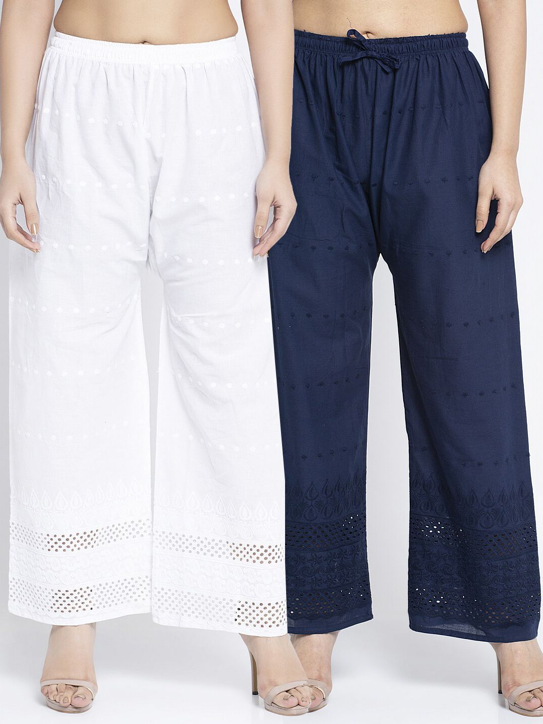 Jinfo Women Pack of 2 White & Navy Blue Embroidered Flared Palazzos Price in India