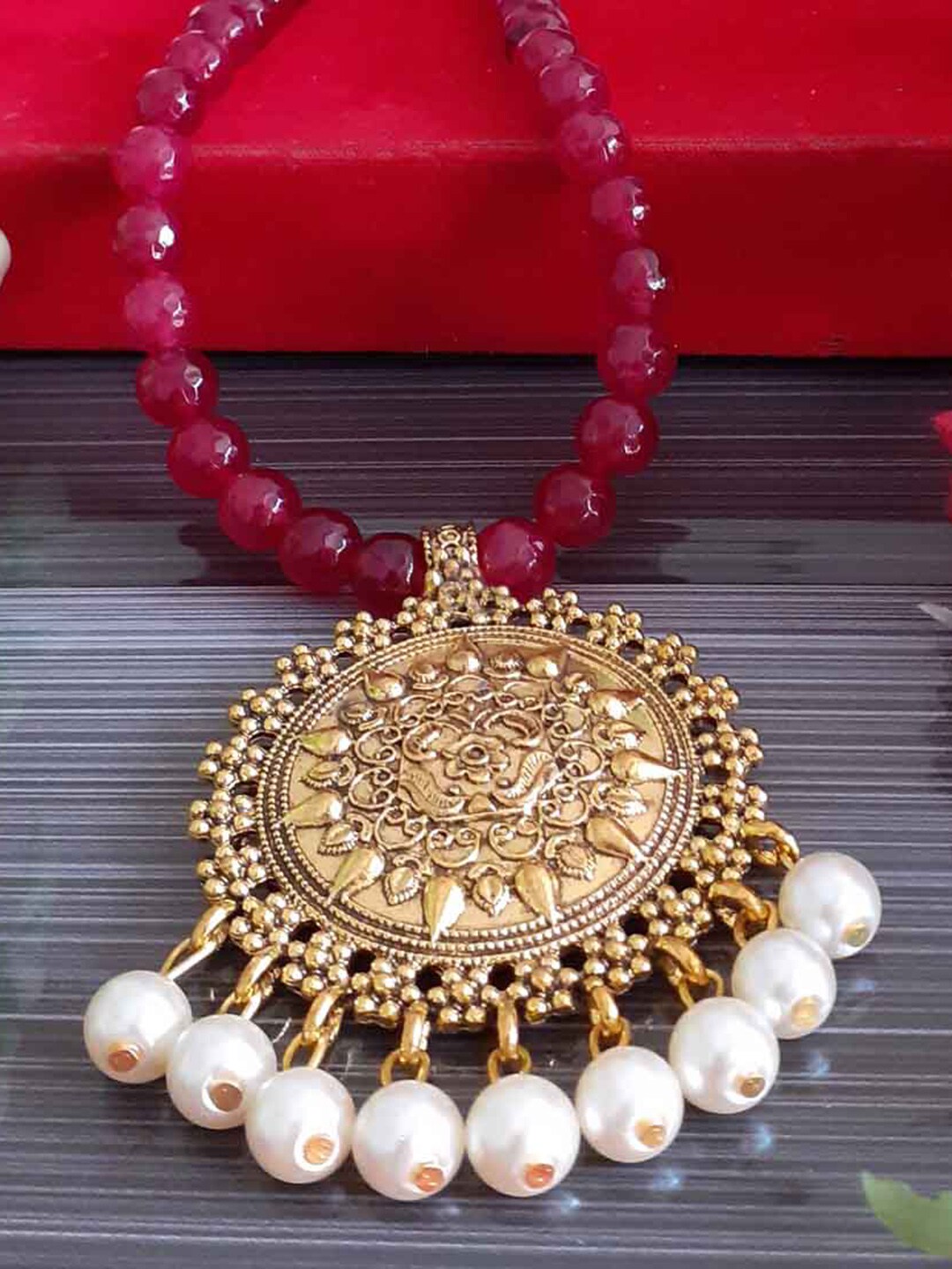 RICH AND FAMOUS Red & Gold-Plated Quartz Beaded Necklace Price in India