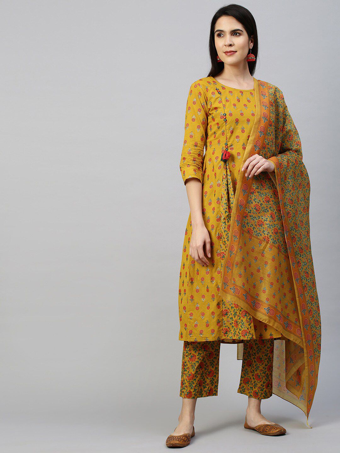 FASHOR Women Mustard Yellow Printed A-Line Pure Cotton Kurta with Trousers & Dupatta Price in India