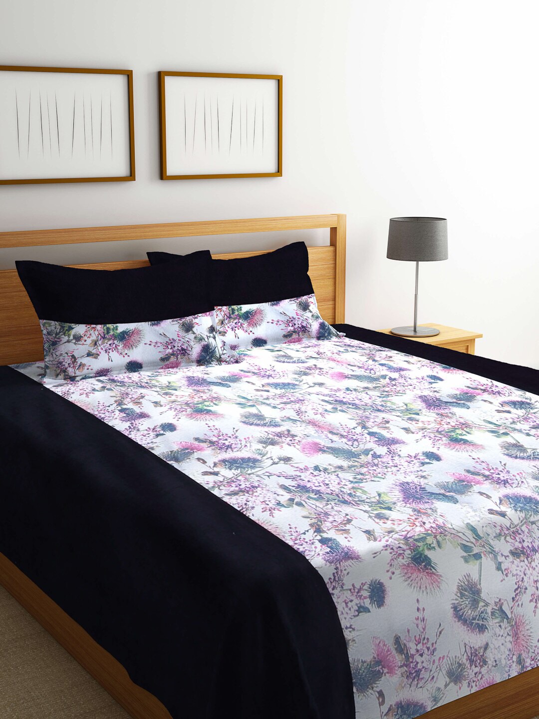 KLOTTHE Black & Multicolour Floral 250TC Double Bed Cover Set Price in India