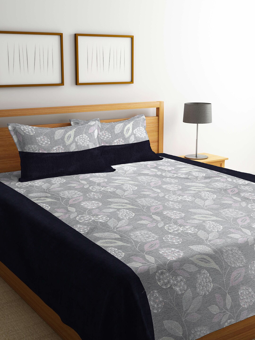 KLOTTHE Grey Floral Printed 250 TC Cotton Double Bedcover With 2 Pillow Covers Price in India