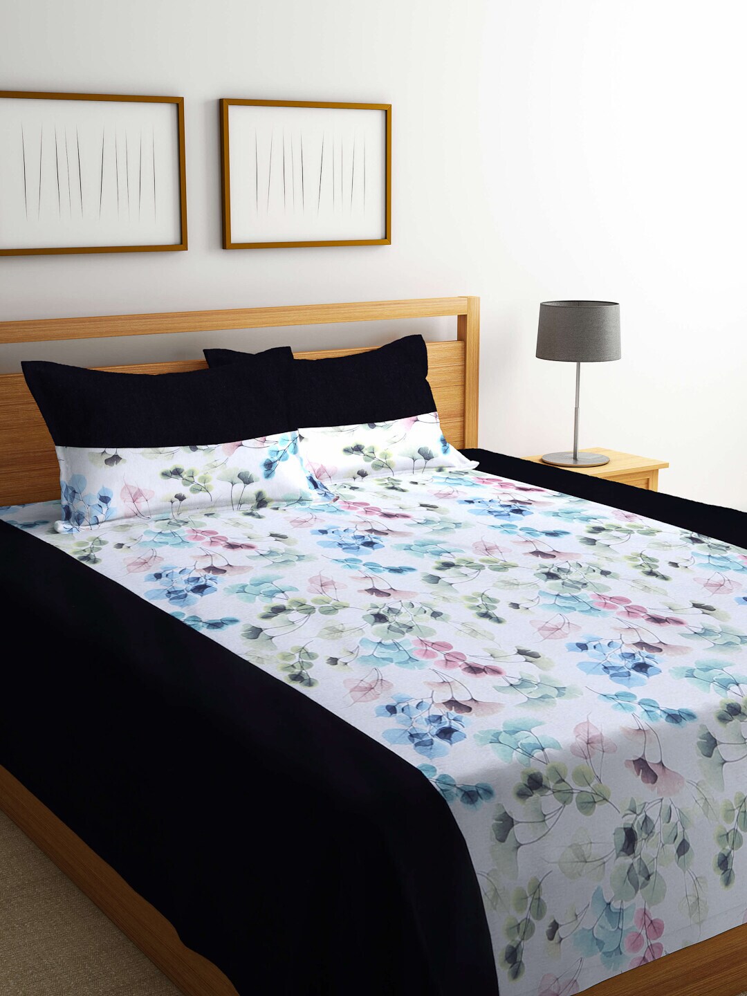 KLOTTHE Black & White Printed Cotton Double Bed Cover with 2 Pillow Covers Price in India