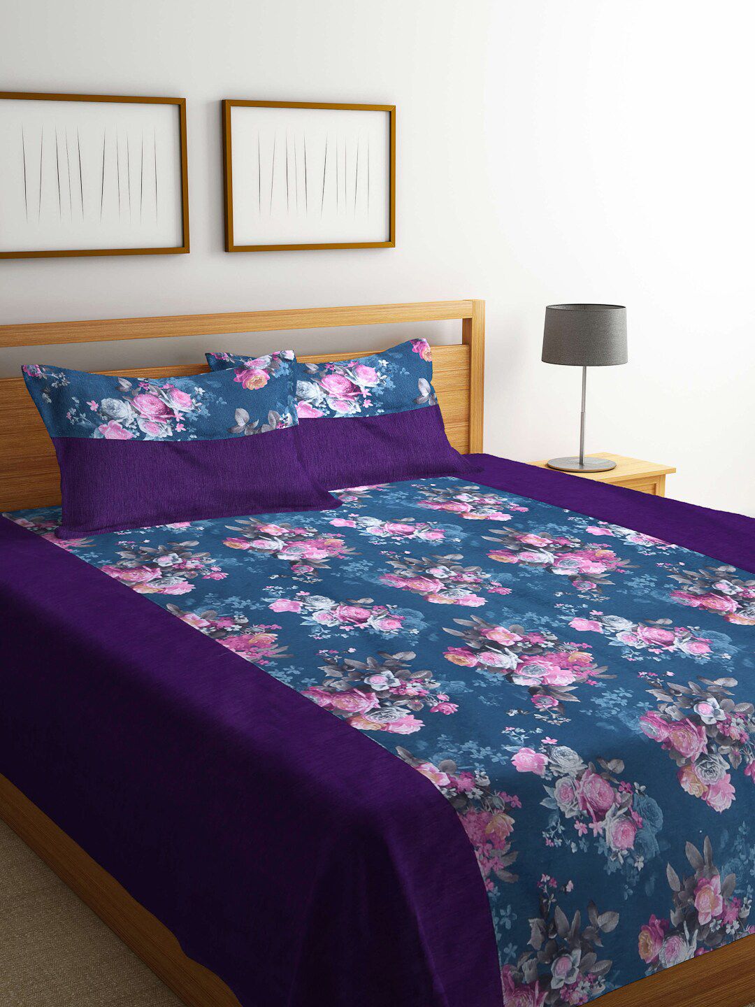 KLOTTHE Multicoloured Printed Cotton Double Bed Cover with 2 Pillow Covers Price in India