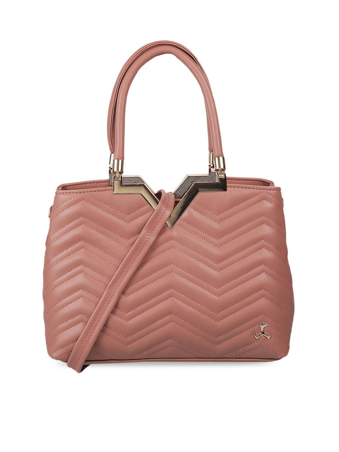 Mochi Peach-Coloured Textured Structured Handheld Bag with Detachable Sling Strap Price in India