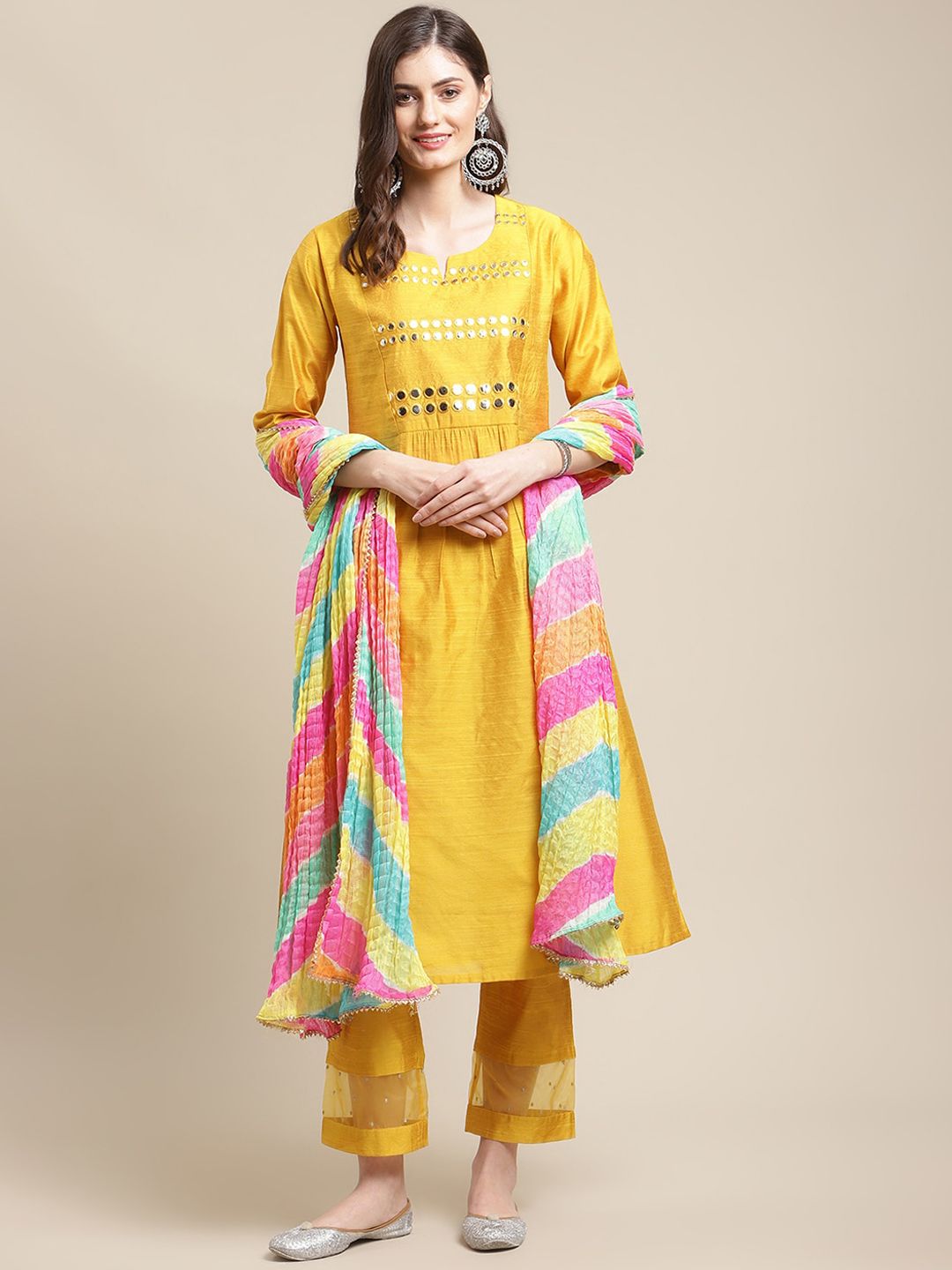 Varanga Women Yellow & Multicolured Mirror Work Kurta with Trousers & With Dupatta Price in India