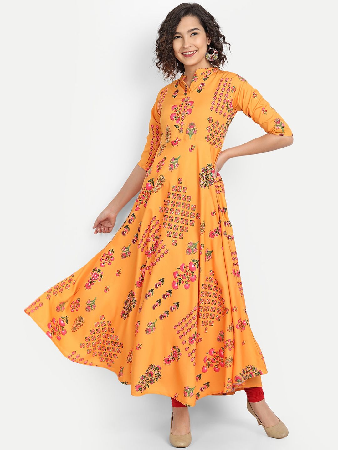 KALINI Women Yellow & Pink Floral Printed Crepe Anarkali Kurta Price in India