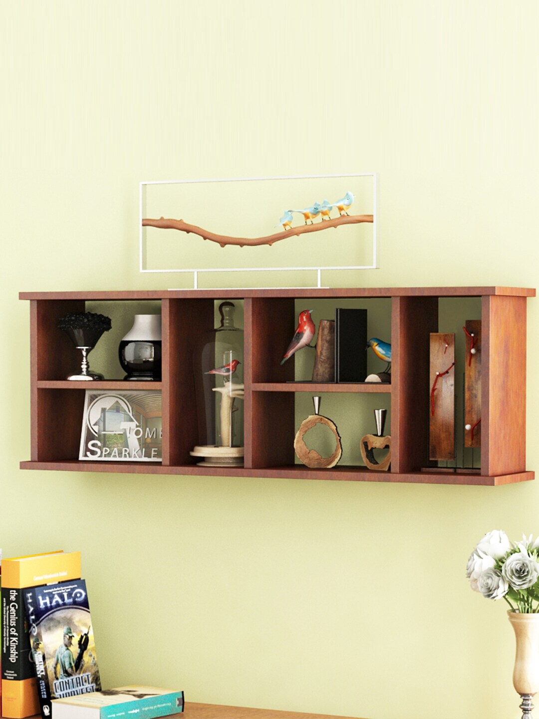 Home Sparkle Brown Wood Wall Shelf With Partitions Price in India