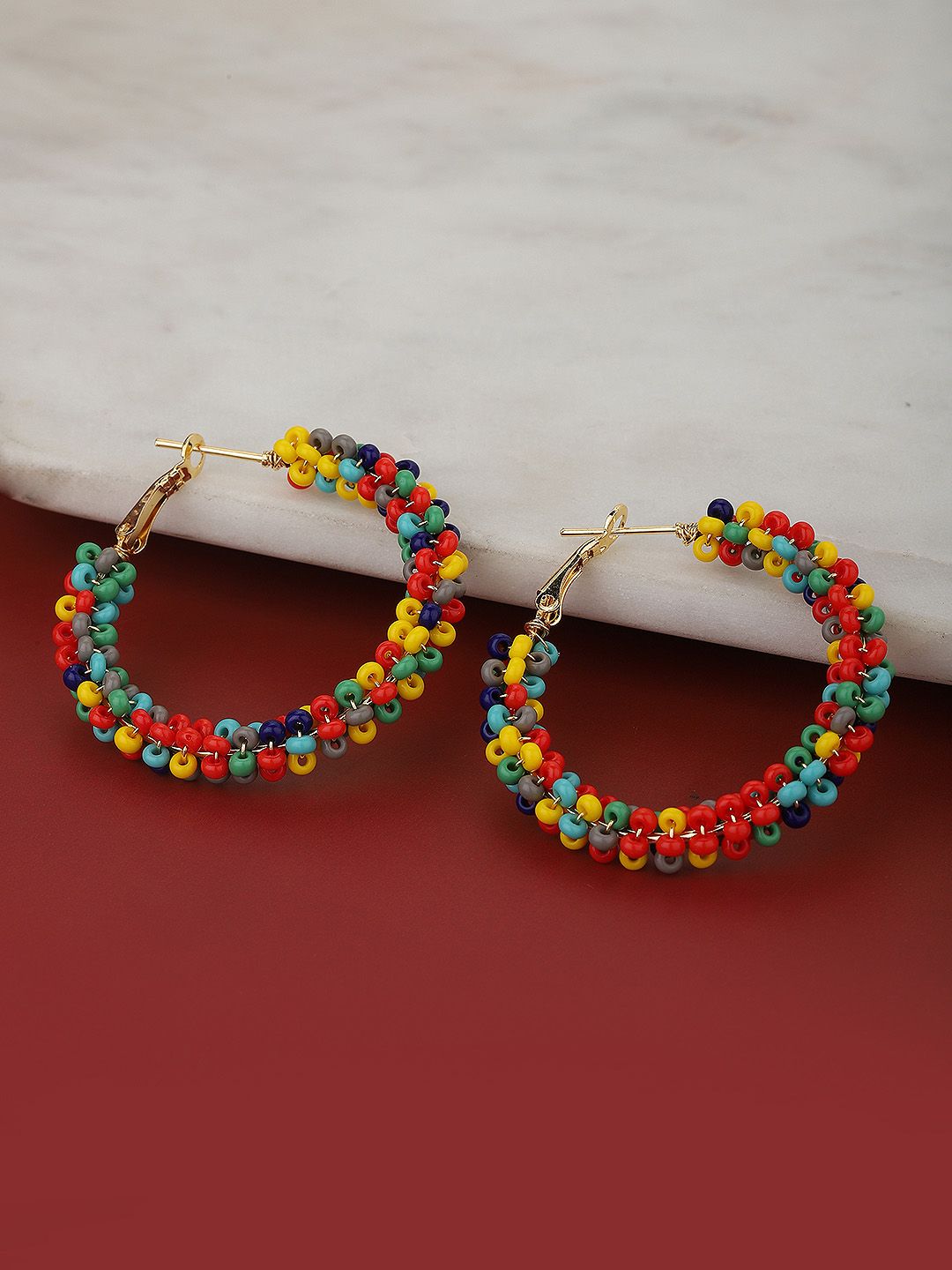 Carlton London Multicoloured Gold-Plated Beaded Circular Hoop Earrings Price in India