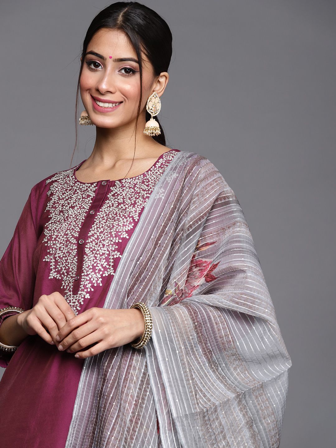 Varanga Women Burgundy & Silver Yoke Design Straight Kurta Trousers & Dupatta Price in India