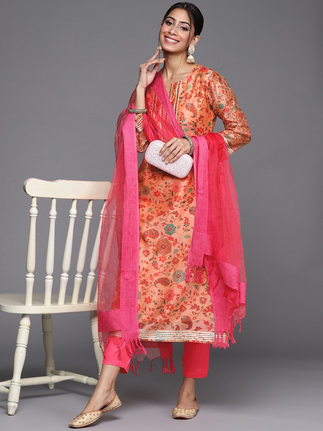 Varanga Women Peach-Coloured & Green Ethnic Printed Straight Kurta Trousers Dupatta Price in India