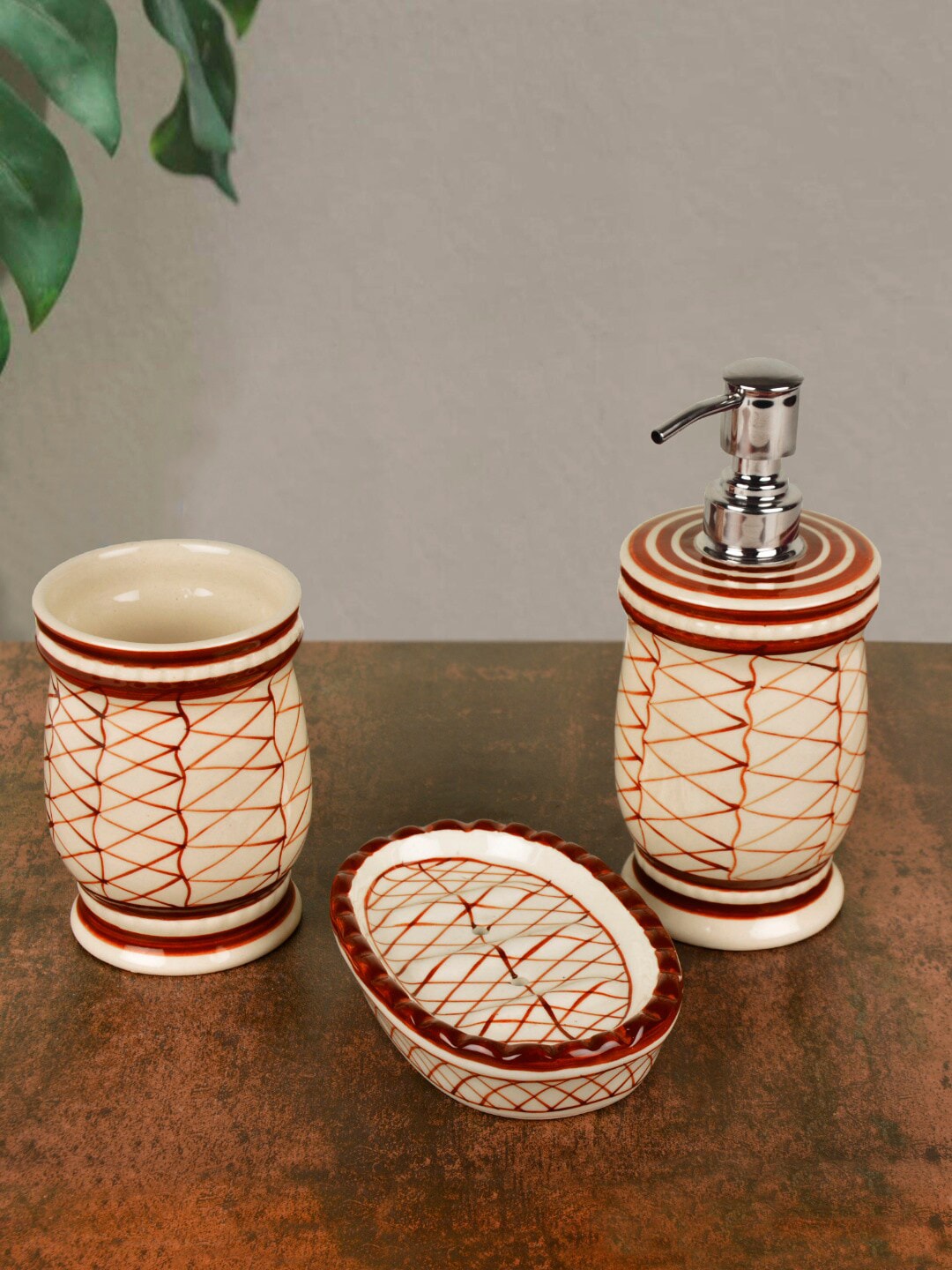 StyleMyWay Off White & Brown Striped Hand Painted Ceramic Bathroom Set Price in India