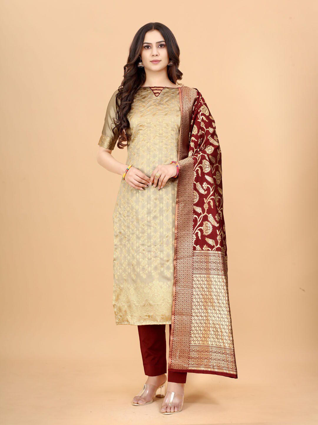 SATYAM WEAVES Beige & Red Unstitched Dress Material Price in India