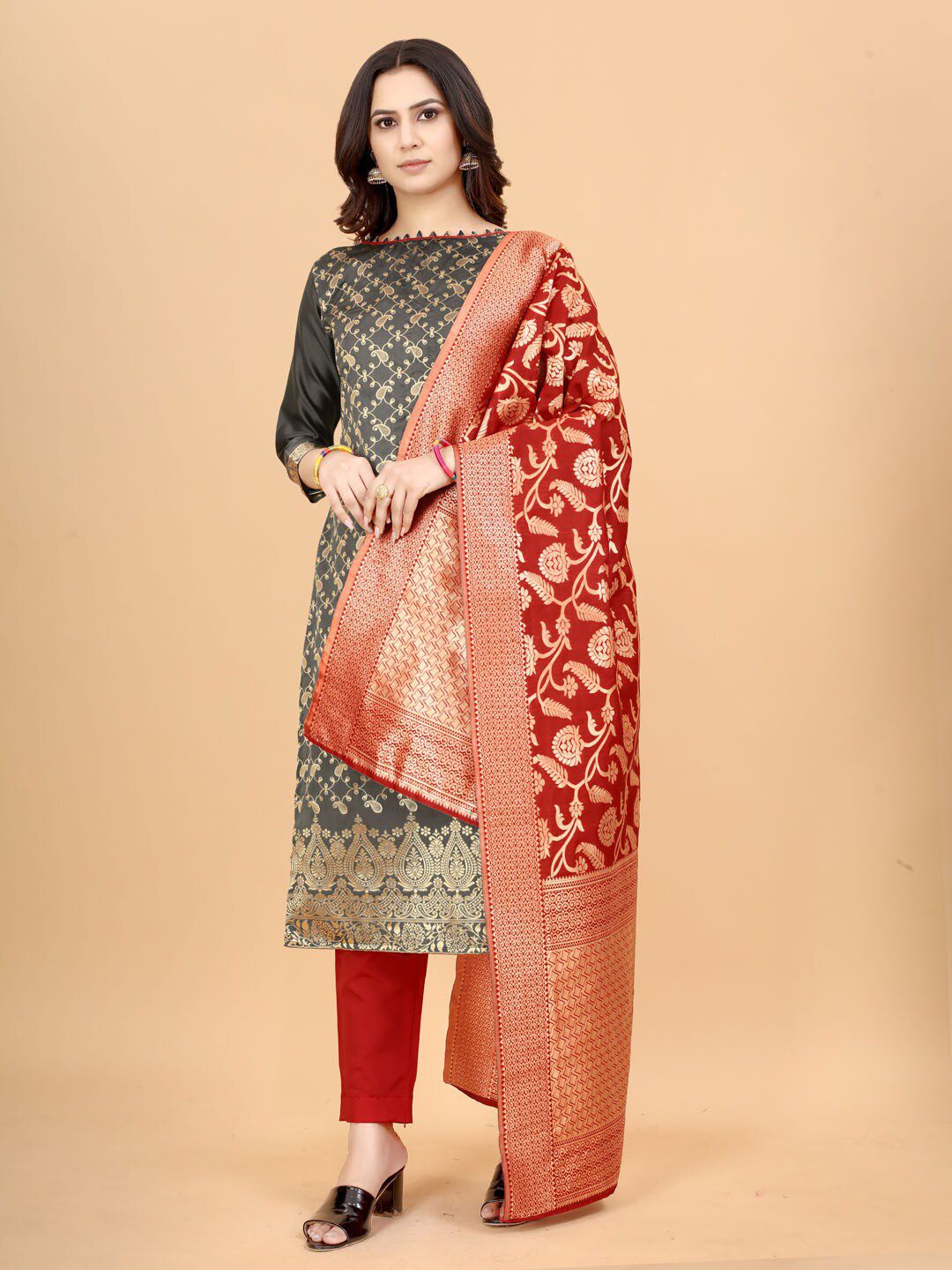 SATYAM WEAVES Grey & Red Unstitched Dress Material Price in India