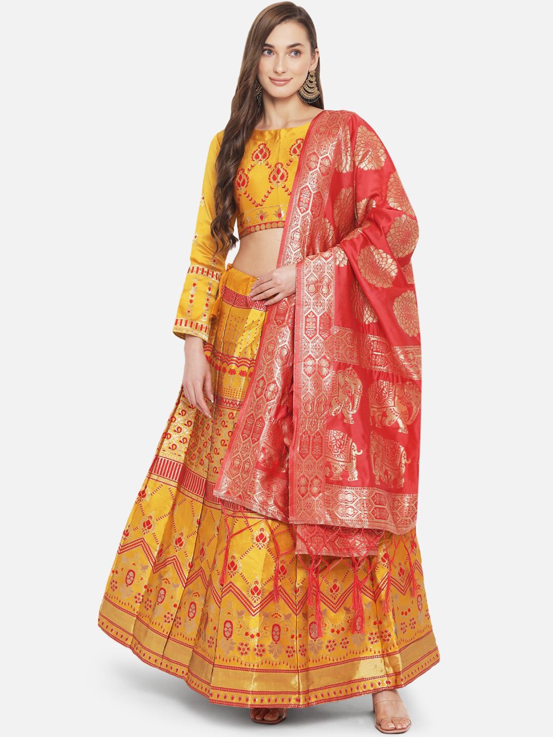 Mitera Yellow & Red Ready to Wear Banarasi Lehenga & Unstitched Blouse With Dupatta Price in India