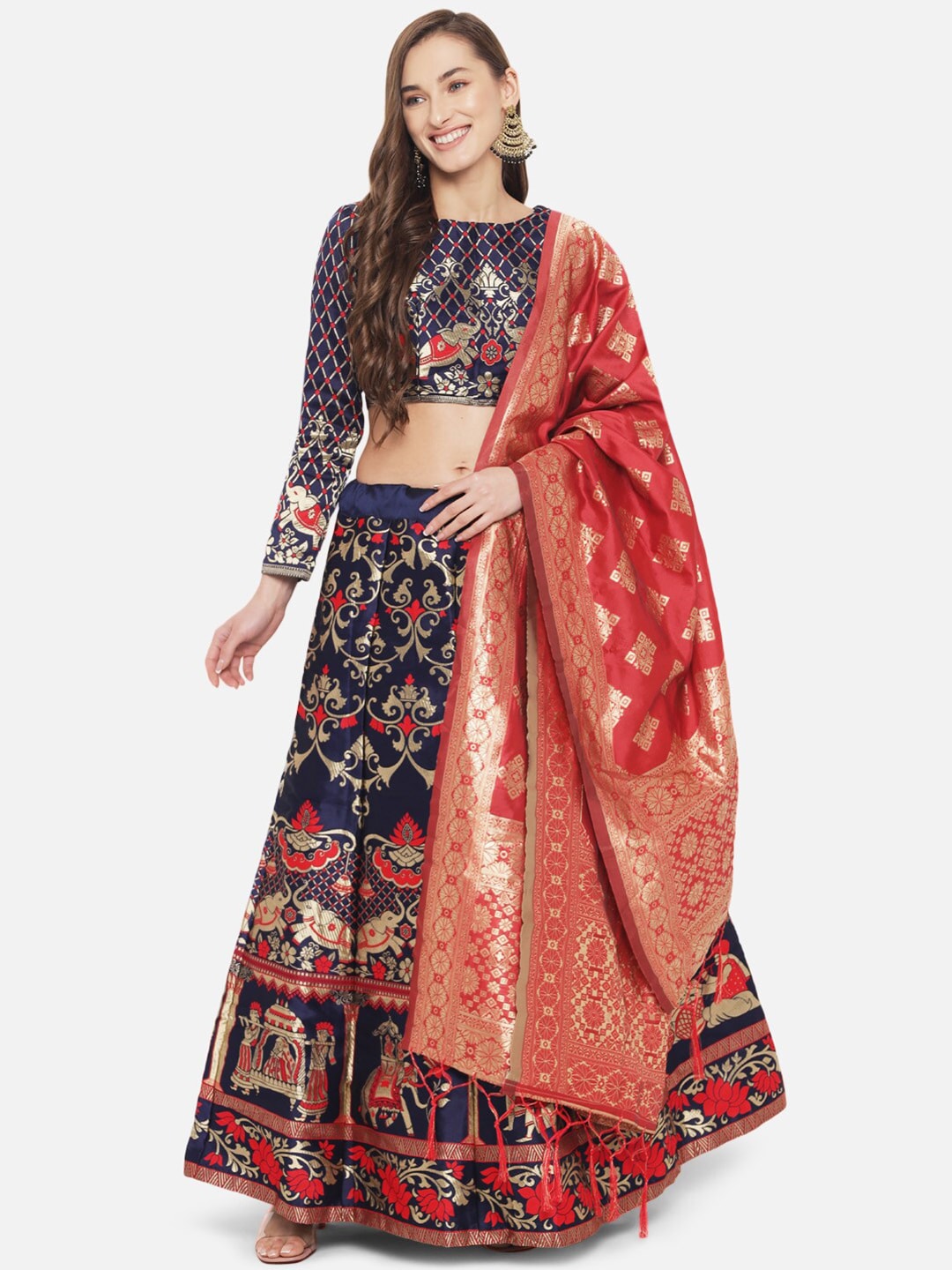 Mitera Red & Navy Blue Ready to Wear Banarasi Silk Lehenga & Unstitched Blouse & Dupatta Price in India