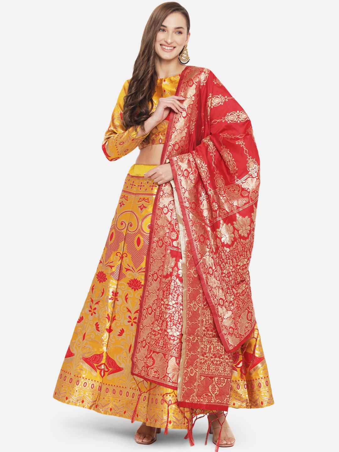 Mitera Yellow & Red Embroidered Ready to Wear Lehenga & Unstitched Blouse With Dupatta Price in India