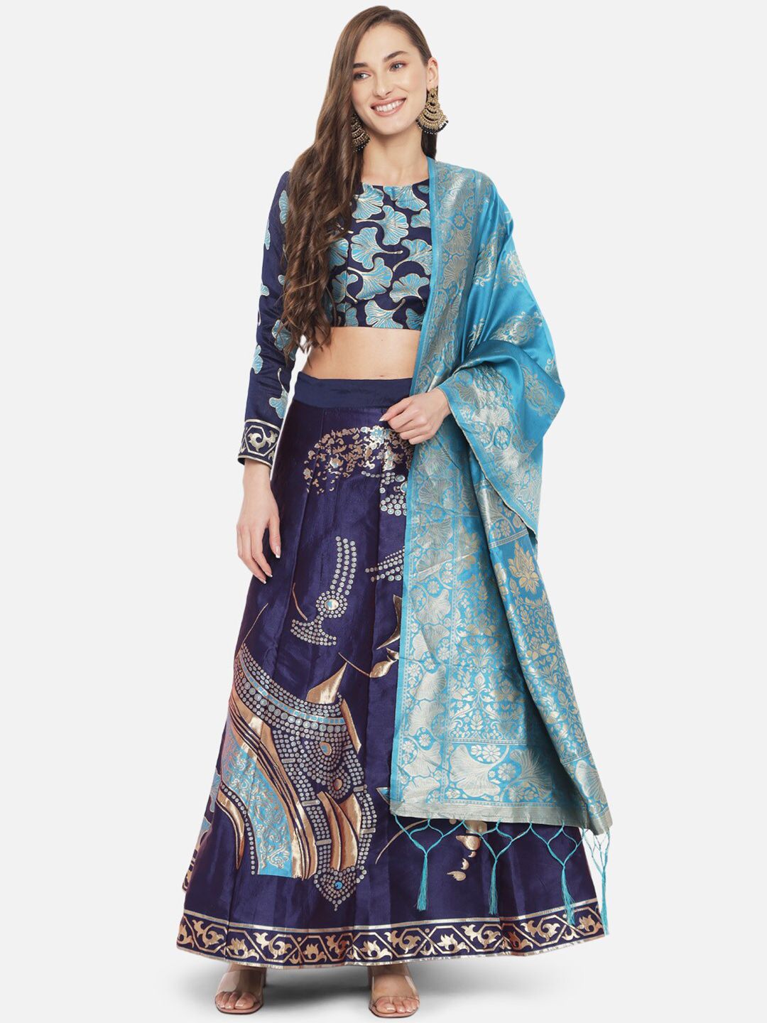 Mitera Navy Blue & Turquoise Ready to Wear Lehenga & Unstitched Blouse With Dupatta Price in India
