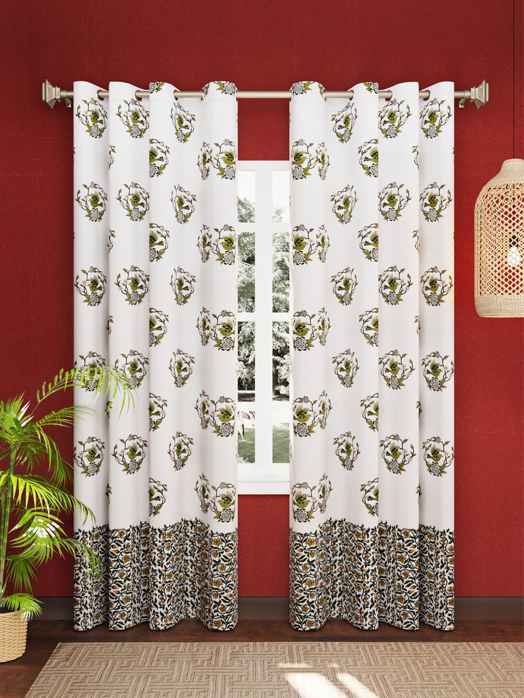 LIVING ROOTS White & Green Set Of 2 Floral Printed Pure Cotton Door Curtain Price in India