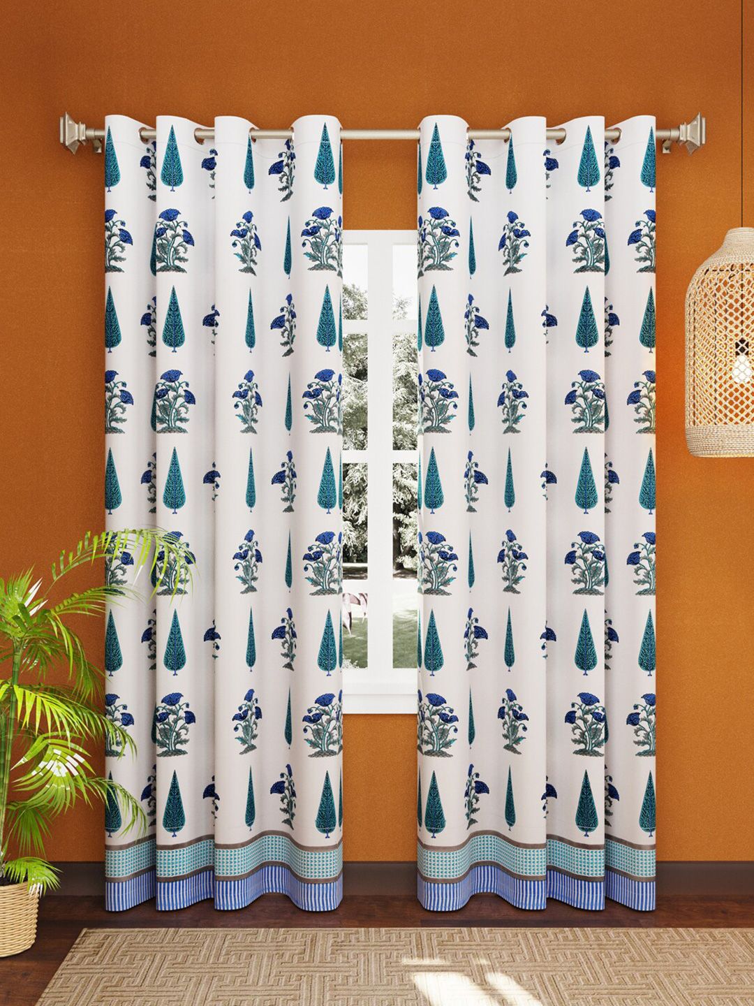 LIVING ROOTS White & Blue Set of 2 Ethnic Motifs Printed Door Curtain Price in India