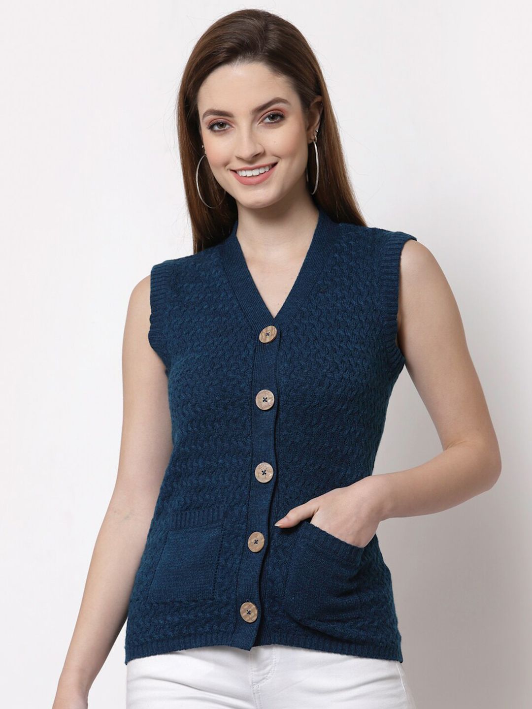 Kalt Women Teal Cable Knit Sleeveless Cardigan Price in India