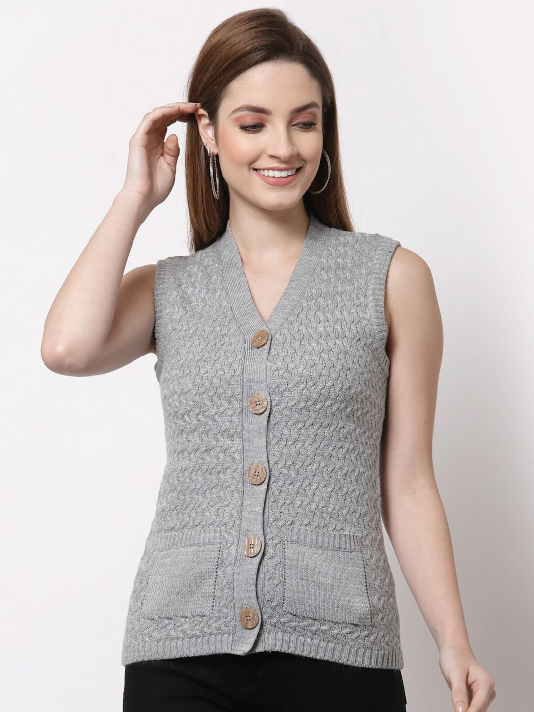 Kalt Women Grey Melange Cable Knit Cardigan Price in India