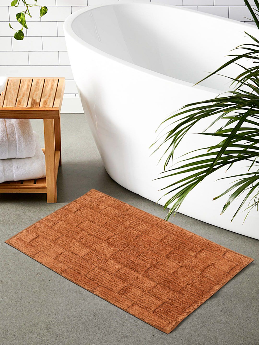 Shresmo Brown Geometric Tile 2200 GSM Cotton Bath Mat Price in India