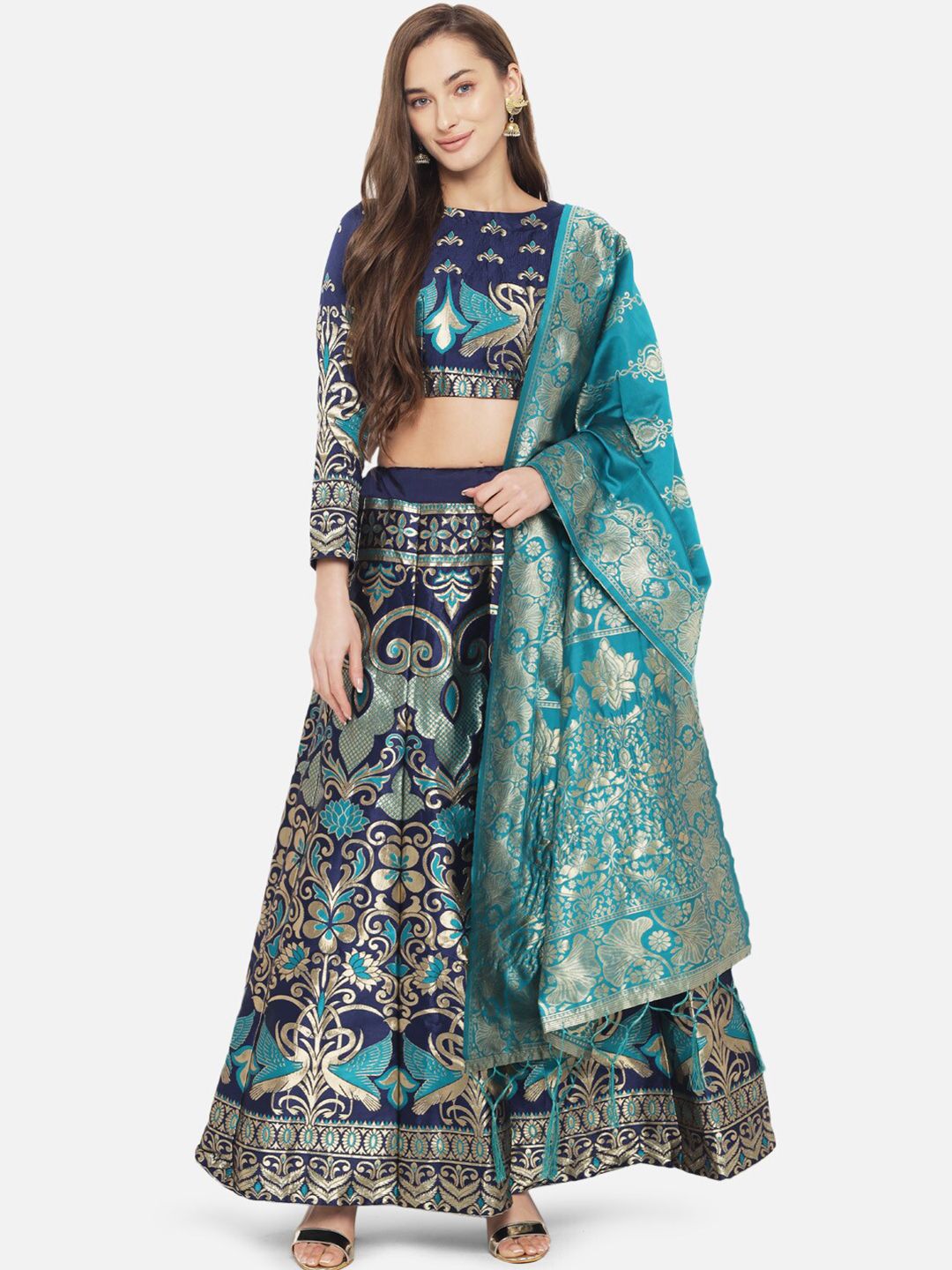 Mitera Teal & Gold-Toned Ready to Wear Lehenga & Unstitched Blouse With Dupatta Price in India