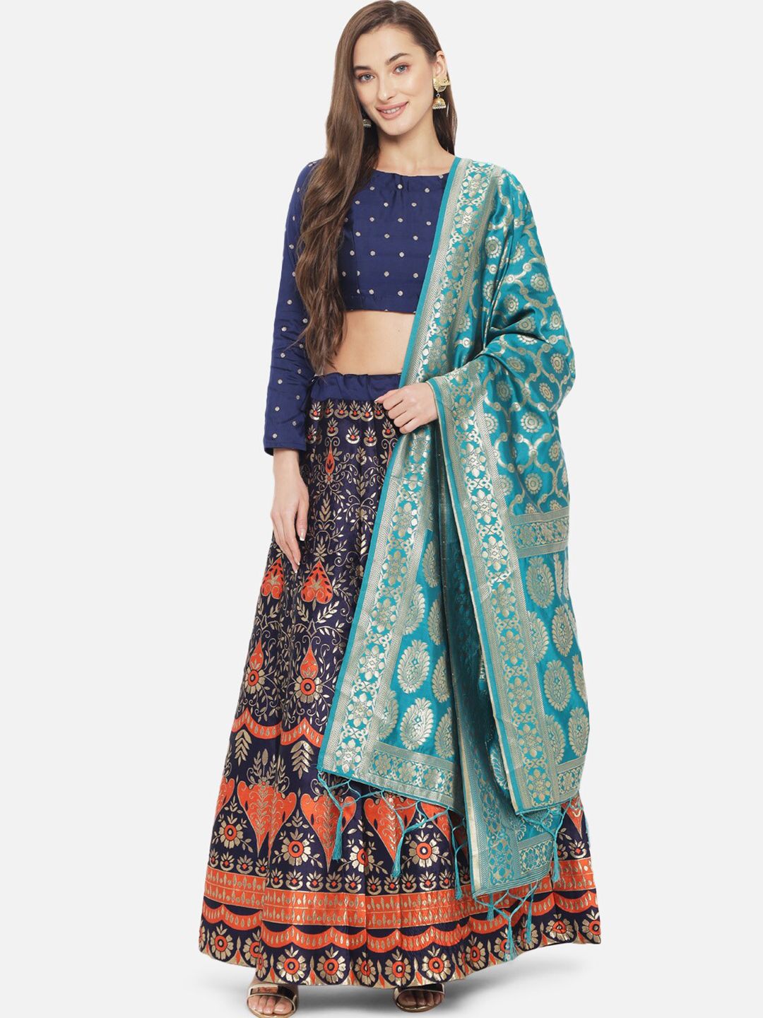 Mitera Blue & Gold-Toned Ready to Wear Lehenga & Unstitched Blouse With Dupatta Price in India