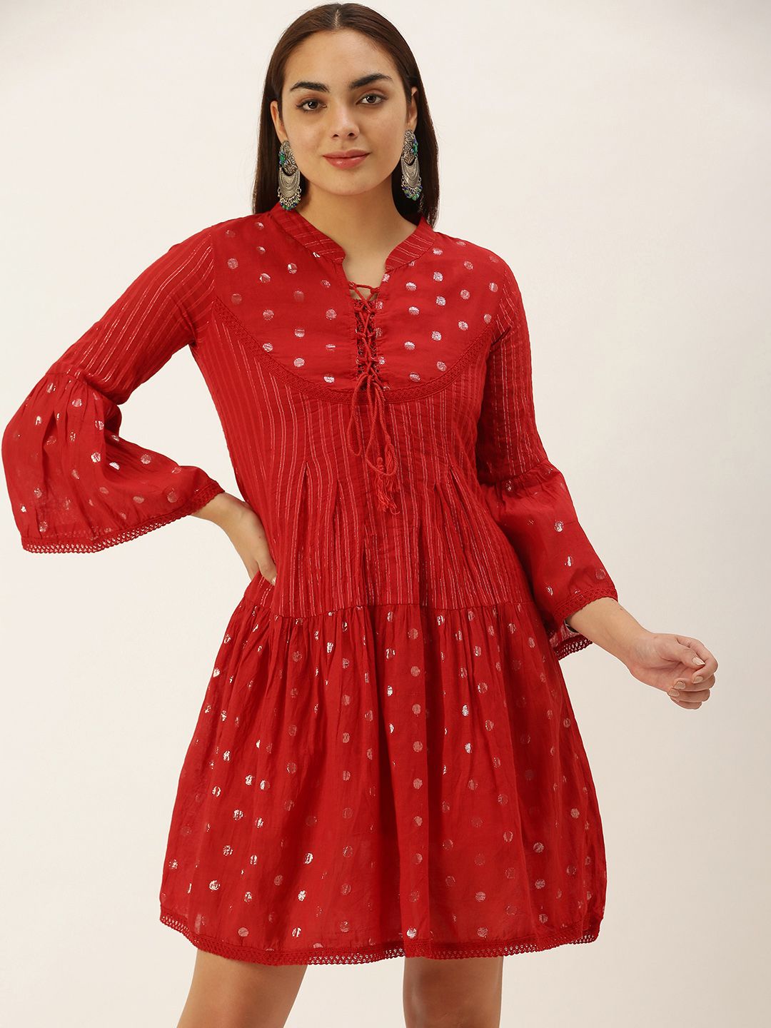 Saanjh Red & Silver-Toned Cotton Striped Self Design Shimmery Detail A-Line Dress Price in India