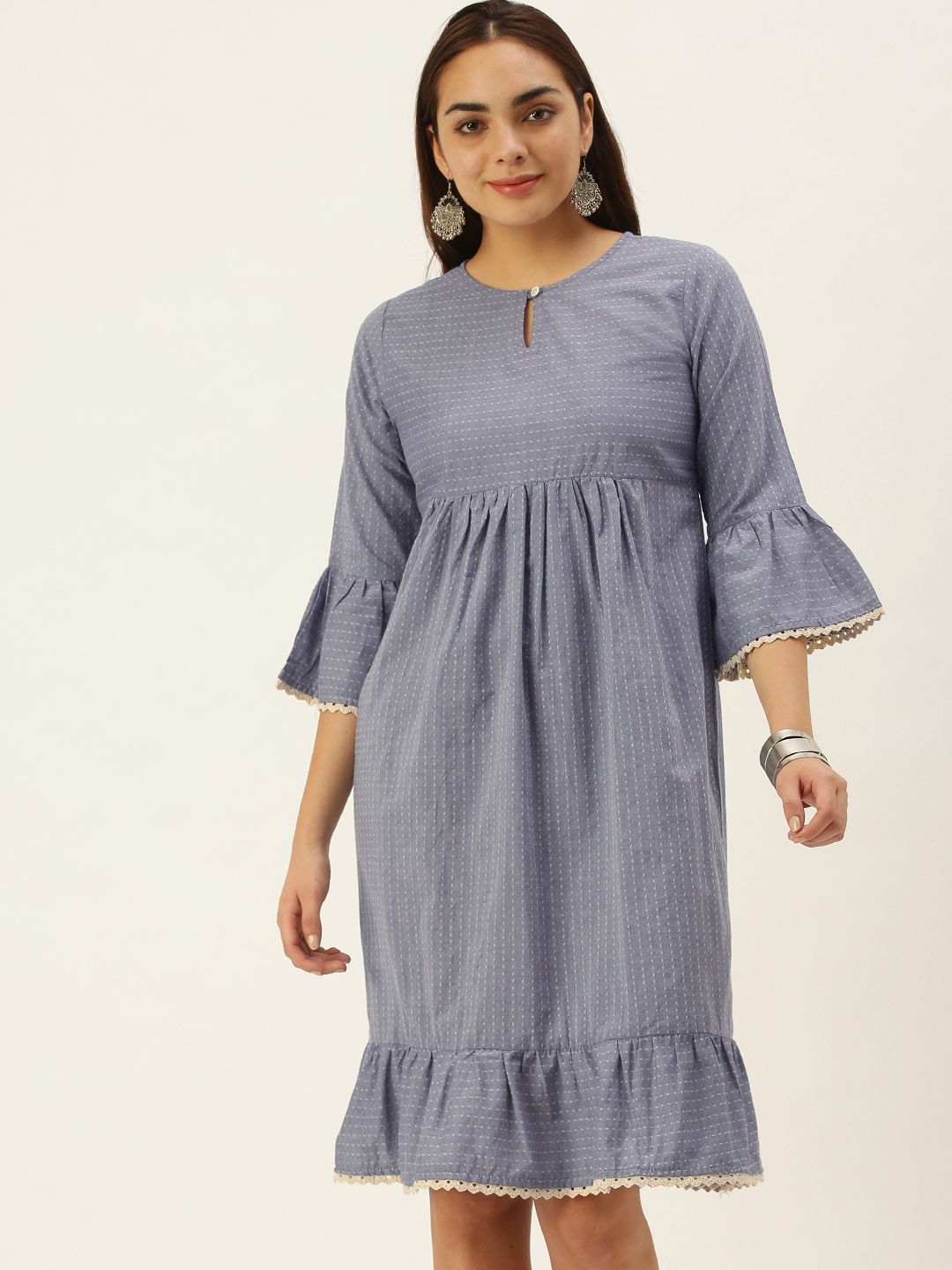 Saanjh Women Grey & Off White Pure Cotton Self Design A-Line Dress Price in India