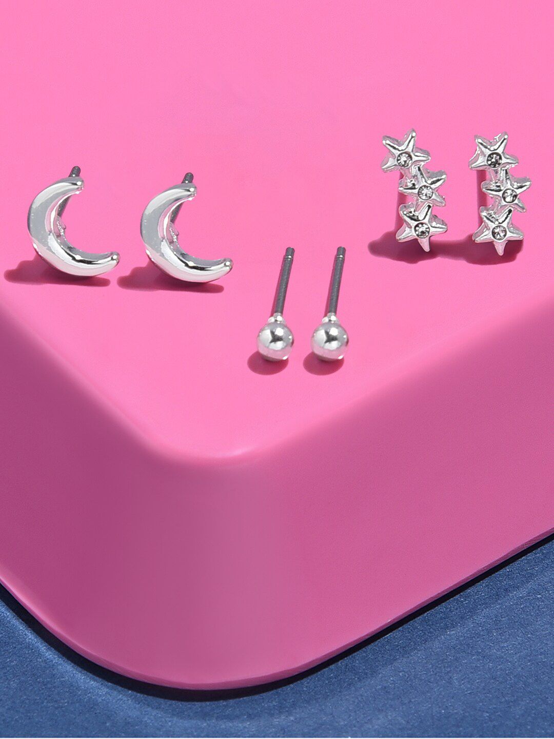 Accessorize Women Silver Set of 3 Stars Moon Stud Earring Pack Price in India