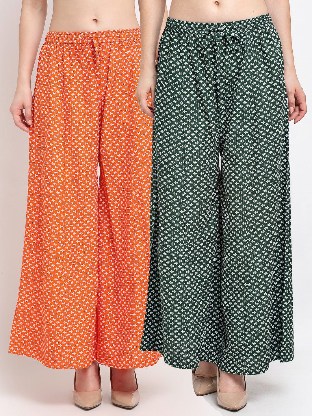 Jinfo Women Orange & Green Pack Of 2 Abstract Printed Flared Fit Palazzos Price in India